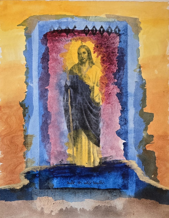 JW Goossen's St Jude Reverse mixed media painting from his Mixed Media Artwork Series...